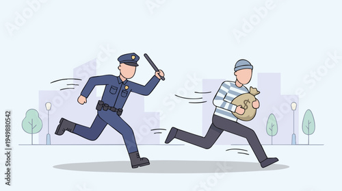 Police Officer Chasing Suspect with Money Bag in Urban Park Scene