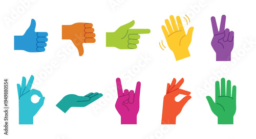 Colorful hand gestures thumbs up down pointing and various signs
