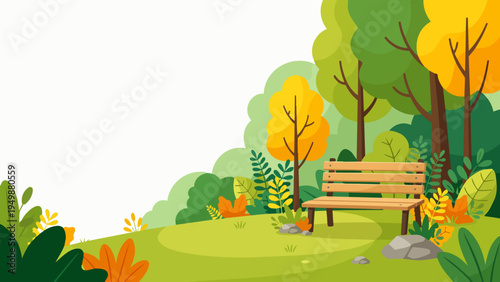 Beautiful Autumn Park Scene with Wooden Bench and Colorful Trees Vector Illustration