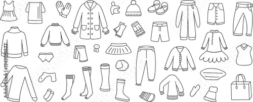 Assortment of Hand- Drawn Black and White Clothing Items for Winter Wear apparel garments