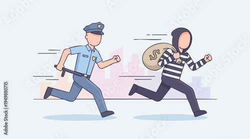Police Officer Chasing Thief with Money Bag in Urban Environment Illustration