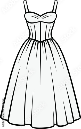 Black and white illustration of a classic strapless sweetheart neckline dress gown ball gown