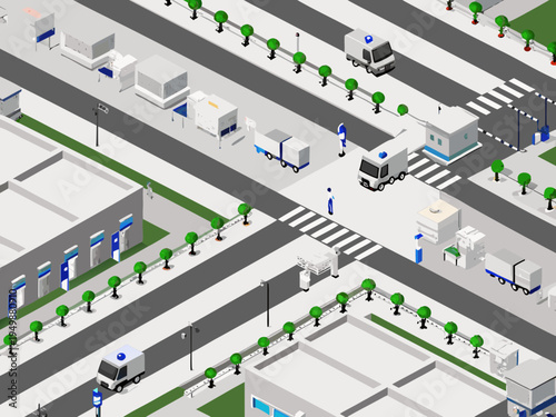 Isometric illustration of a city street with vehicles and pedestrian crossings