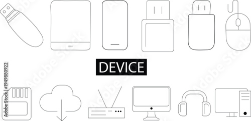 Set of 13 device icons vector, line style