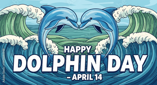 Dolphins in heart shaped waves happy dolphin day april 14th ocean celebration