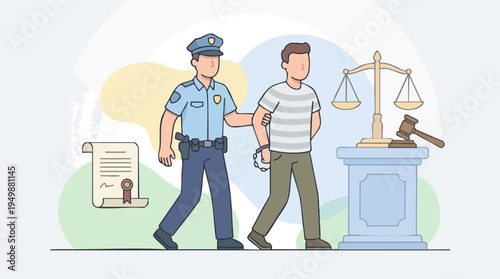 Police Officer Escorting Handcuffed Man Near Justice Scales and Gavel Creating a Legal and Law Enforcement Scene