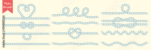 Hand drawn rope brush dividers. Twisted cord lines with knots, loops and heart shape. Nautical vector border elements