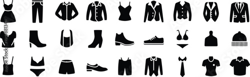 Collection of black clothing and footwear icons on a white background fashion apparel