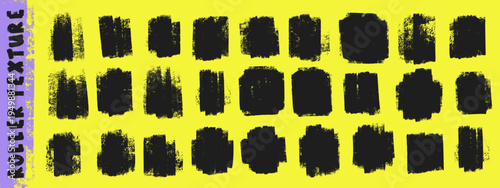 Grunge ink roller stamp texture set. Rough black brayer rectangles with dusty distress edges on yellow bg. Linocut print overlays.