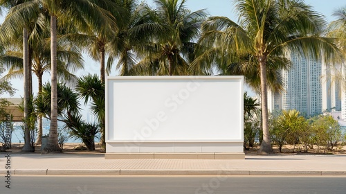 Mockup blank billboard on sidewalk near tropical beach with palm trees. White empty board, modern city frame outdoor for advertisement. Template poster background. Urban screen commercial marketing 