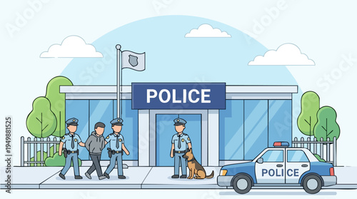 Police officers and a police dog on duty outside a modern police station with police car in front, representing law enforcement and public safety