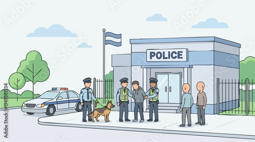 Police officers and a police dog arresting a suspect in front of a police station during day with clear sky