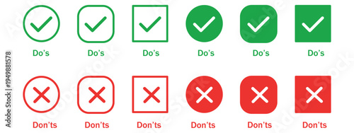 Green checkmark and red cross icon set for "Do's and Don'ts." Checklist symbols for rules, guidance, and instructions. Vector Illustration.