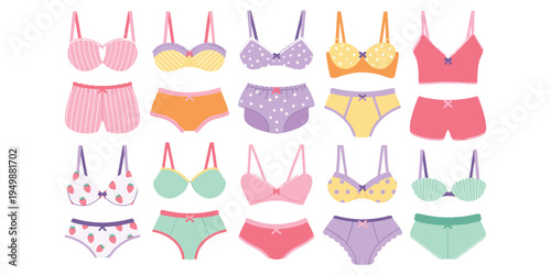 Collection of colorful women's lingerie sets with various patterns and designs underwear panties