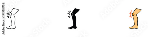 Knee joint pain and injury icon set. Human leg anatomy symbols showing inflammation for medical and healthcare use. Vector Illustration.