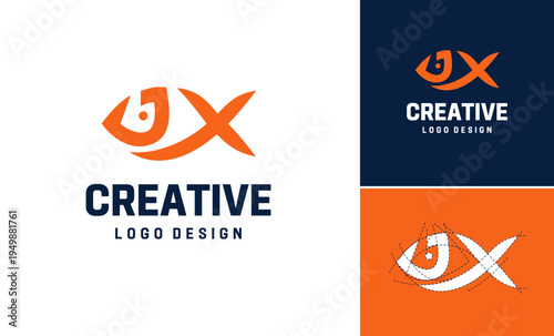 Letter J X fish symbol bold stylish logo design, Word J X shape sports hobby creative concept design