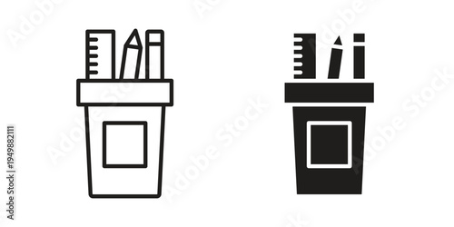 Pencil box icon element for graphic designs. line and flat symbols
