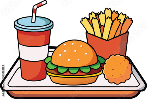 Fast food meal with burger fries drink and nugget on tray Keywords: fast food, meal, tray