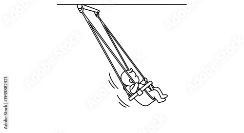 Baby swinging on a swing set, motion blur, outdoor fun, childhood joy, simple line art illustration.