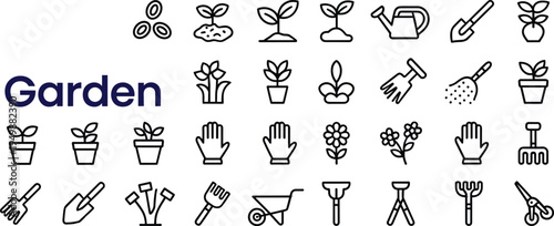 Garden Icons and Tools Collection with Garden Text Overlay Keywords: garden, icon, tool, shovel, rake, watering can, plant
