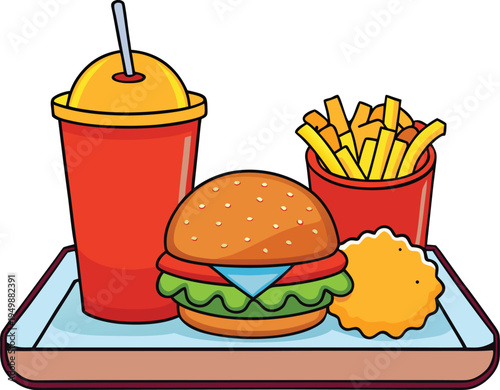 Fast food meal with burger fries drink and nugget on tray Keywords: fast food, meal, tray