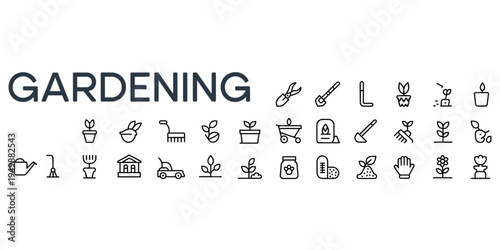 Gardening Icons and Tools Collection with GARDENING Text Overlay Keywords: gardening, icon, tool, shovel, rake, watering