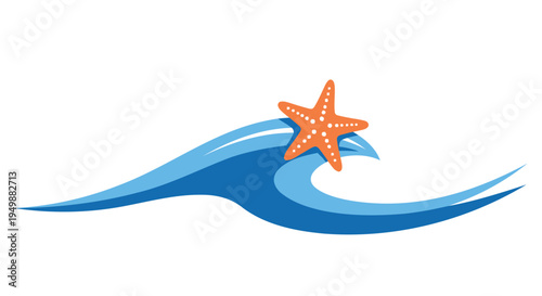 Vector illustration of orange starfish on blue wave
