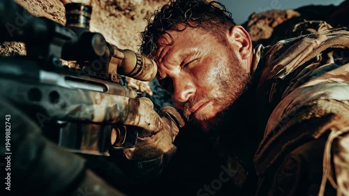 Battle worn sniper carefully aiming weapon from hidden position demonstrating patience concentration and lethal precision during wartime mission