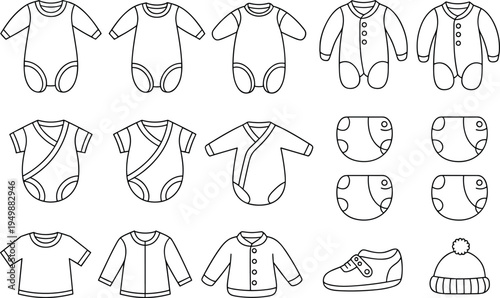 Outline Illustrations of Baby Clothing and Accessories baby clothes infant wear