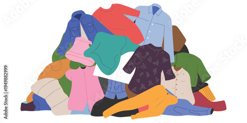Pile of assorted colorful casual clothing items including shirts and sweaters heap stack