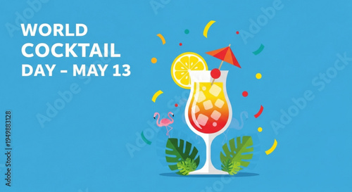 Colorful cocktail glass with umbrella and confetti on world cocktail day may 13 celebration