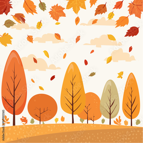 Autumnal landscape with colorful trees and falling leaves, evoking a warm and cozy season