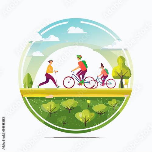 Healthy outdoor activities people cycling and scootering in a park on a sunny day