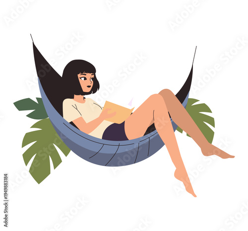 Woman Relaxing in Hammock Reading a Book Vector Illustration