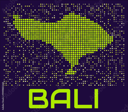Bali dots map. Indonesia. Digital style shape of the island. Bali map and title lime colored square dots with round corners. Modern Vector Illustration.