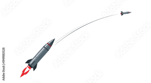 Rocket Launch with Detached Booster Stage Against White Background.