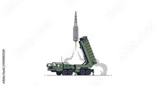 Mobile Missile Launcher Launching a Missile on a White Background.