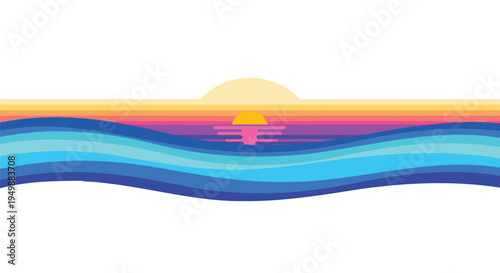 Vector sunset over ocean waves background