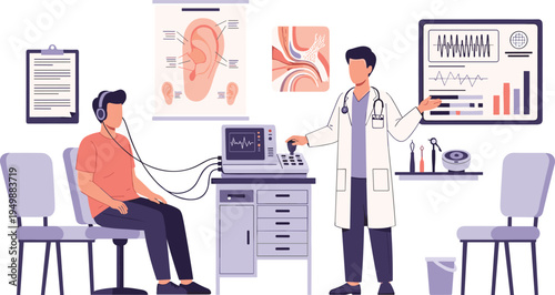 Hearing Test at Audiology Clinic with Doctor Using Audiometer to Examine Patient Hearing Healthcare Vector Illustration