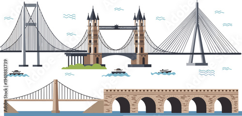 Famous Bridge Types Set with Suspension Bridge, Cable Stayed Bridge, Tower Bridge and Stone Arch Bridge Architecture Vector Illustration