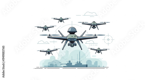Drone swarm over military base, advanced technology, autonomous aerial vehicles.
