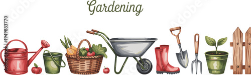 Watercolor Gardening Tools and Supplies Border with Text Gardening watering can