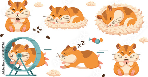 Cute Hamster Daily Activities Set with Running Wheel, Sleeping, Eating Seeds and Playing Cartoon Pet Animal Vector Illustration