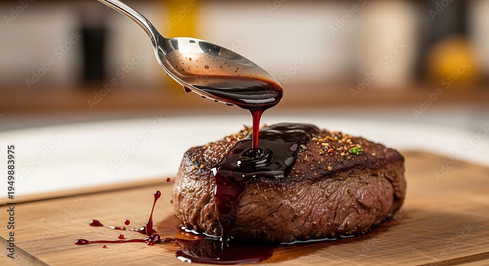 Fototapeta premium Drizzling rich sauce over a medium-rare steak on a wooden cutting board, captured from a close-up kitchen perspective