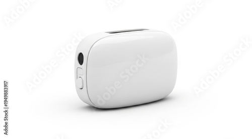 Compact white electronic device with rounded edges on a white background.