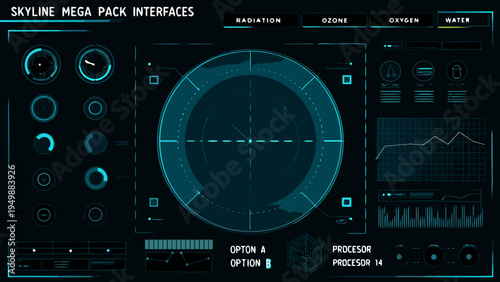 Futuristic interface displaying data with radar like circular elements