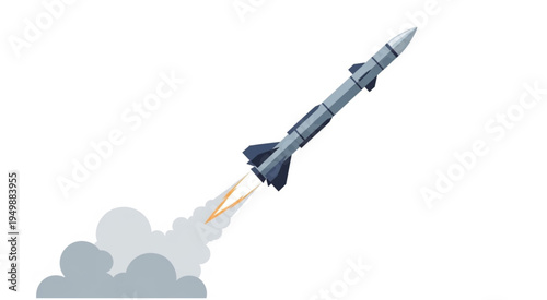 Cartoon Rocket Launching with Smoke and Flames on White Background.