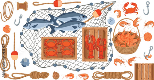 Seafood Catch Set with Fishing Net, Fish, Crab, Lobster, Shrimp, Rope and Hooks Marine Fishing Equipment Vector Illustration