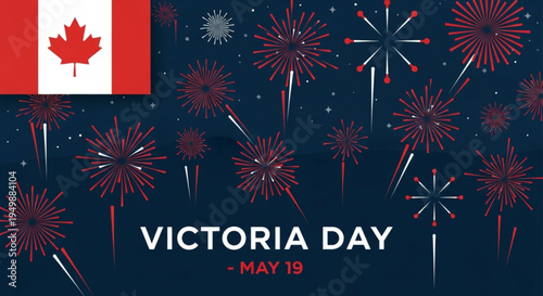 Victoria day celebration with fireworks and canadian flag on dark blue background