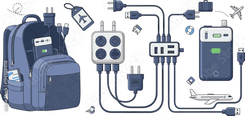 Travel Electronics Organizer with Backpack, Power Bank, Universal Plug Adapter and Charging Cables Portable Gadget Charging Kit Vector Illustration